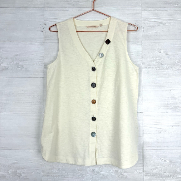 Soft Surroundings Sleeveless V-neck Vest Tank Top Medium Cream Artsy Buttons - Picture 2 of 14